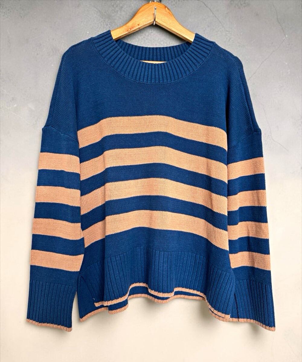 NWT Sonoma Women Blue Tan Striped Crew Neck Pullover Sweater Size 1X Classic